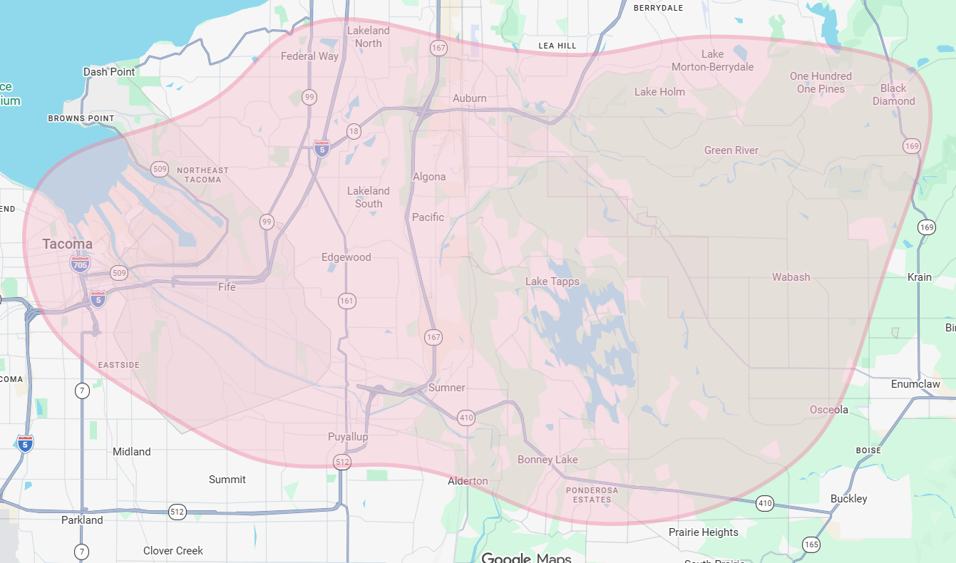 Map of the White as Snow Cleaning service area around Tacoma, WA — including Federal Way, Auburn, Puyallup, Sumner, Bonney Lake, Lake Tapps, Fife, Edgewood and Black Diamond